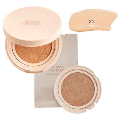 Набір зволожуючий та розгладжуючий кушон з тональним ефектом  Derma Factory Vegan Collagen Cushion 21 відтінок 15 г + змінний блок  15 г DF010 фото