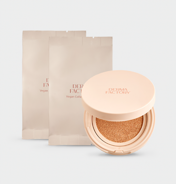 Набір зволожуючий та розгладжуючий кушон з тональним ефектом  Derma Factory Vegan Collagen Cushion 21 відтінок 15 г + змінний блок  15 г DF010 фото